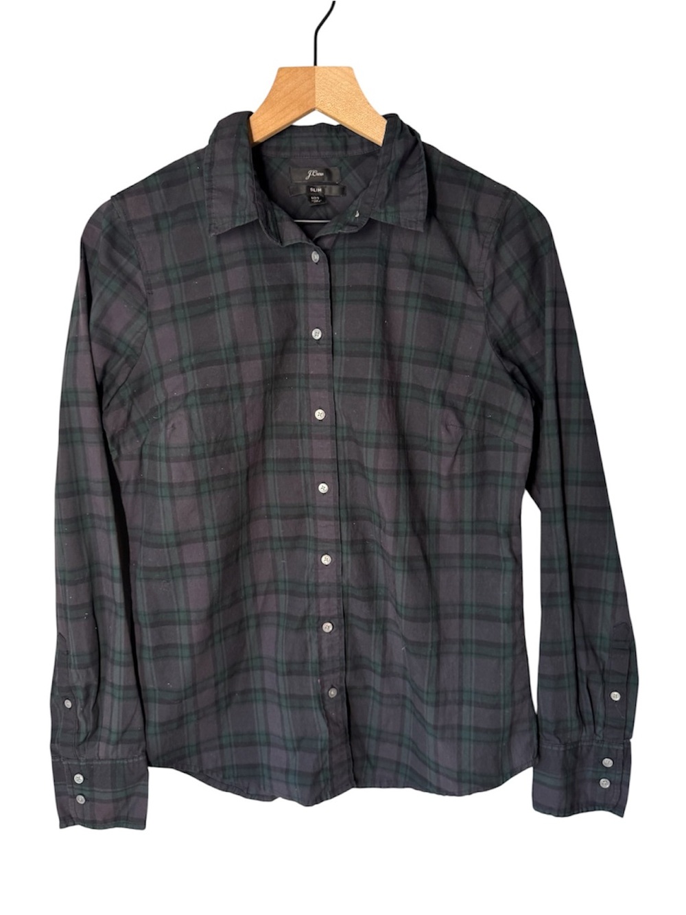 J. Crew Women’s Purple Green Plaid Slim Fit Button Up Stretch Cotton Top Sz 10T